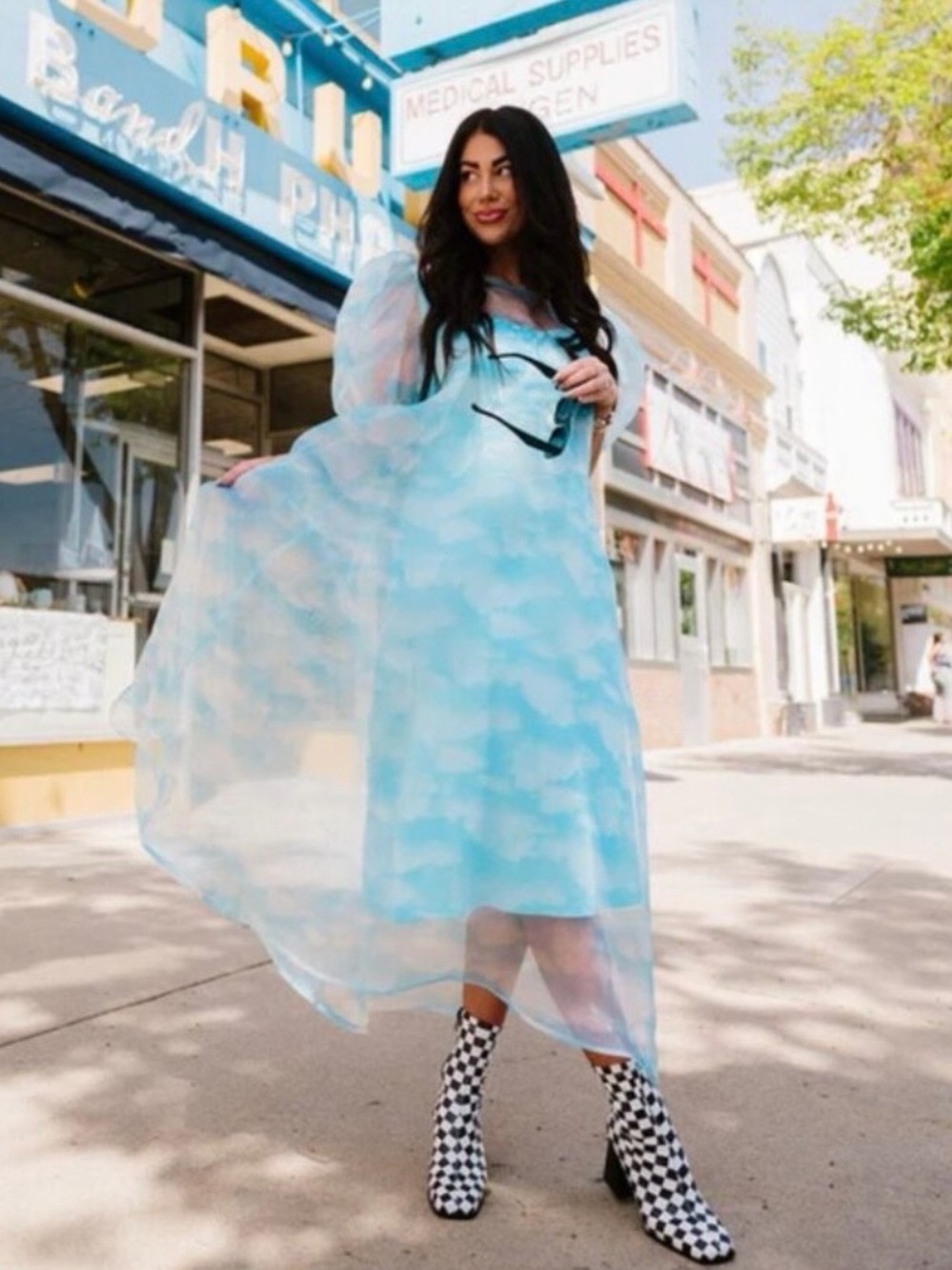 Dressed in LALA Sheer Sky Blue Cloud Print Midi Dress
